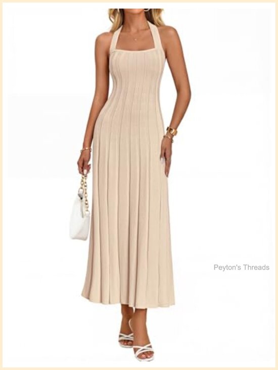 Dresses & Skirts - Women Ribbed Knit Halter Bodycon Midi Dress Backless Tie Neck